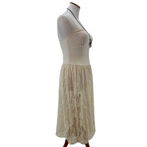 RARE Intimately Free People Boho Cottagecore Cream Lace Henley Maxi Slip Dress - Picture 10 of 16